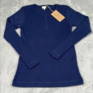 NEW The Simple‎ Folk 6 Organic Cotton Navy Blue Women's Ribbed Henley Top